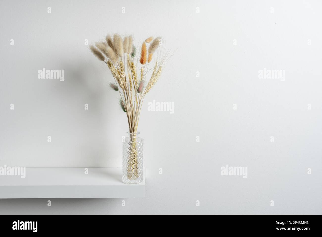 Petit vase en verre sculpté avec pointes et branches de plantes séchées, certaines tachées sur une étagère en bois blanc et un mur blanc Uni Banque D'Images