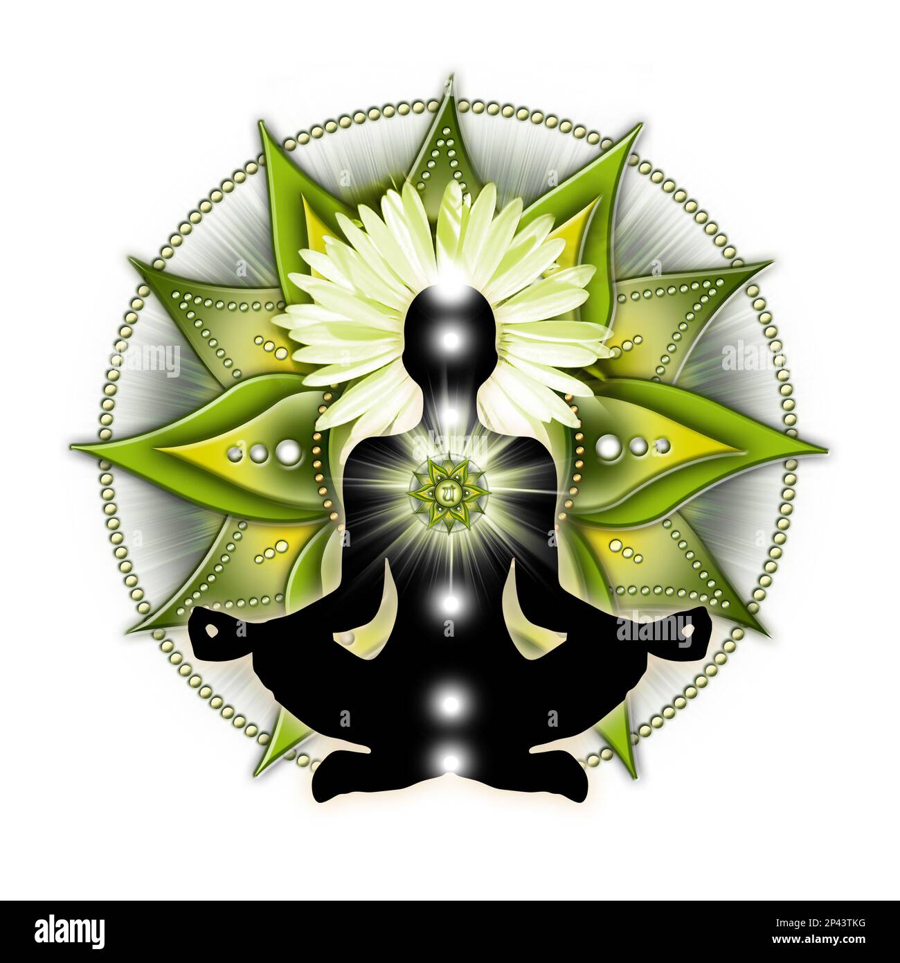 Méditation chakra de coeur dans le yoga lotus pose, devant le symbole de chakra anahata. Banque D'Images