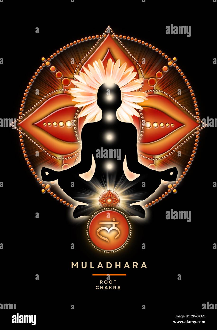 La méditation du chakra à la racine dans la pose du Lotus de yoga, devant le symbole du chakra de Muladhara. Banque D'Images