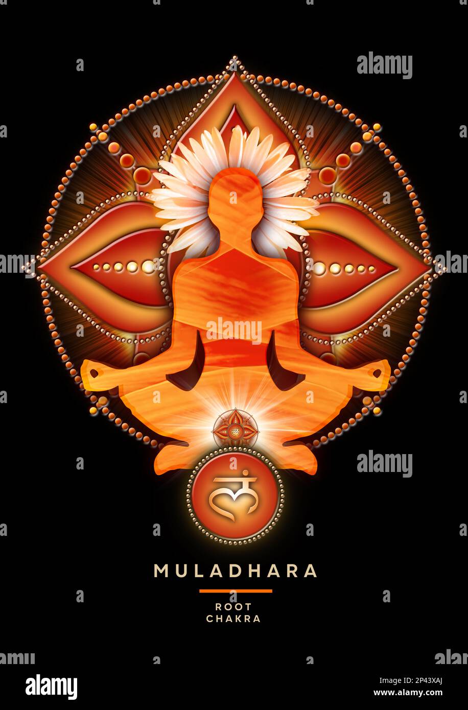 La méditation du chakra à la racine dans la pose du Lotus de yoga, devant le symbole du chakra de Muladhara. Banque D'Images