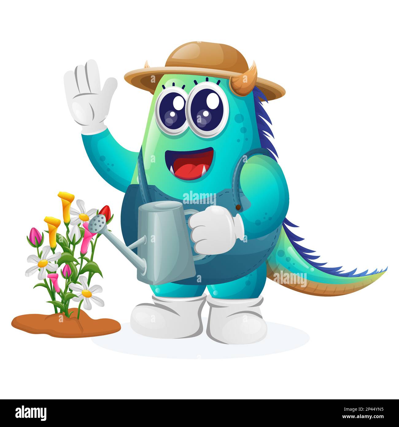 Joli bleu monstre jardinage prenant soin des plantes. Idéal pour les enfants, les petites entreprises ou l'e-commerce, la marchandise et l'autocollant, la promotion de bannière, blog ou Illustration de Vecteur