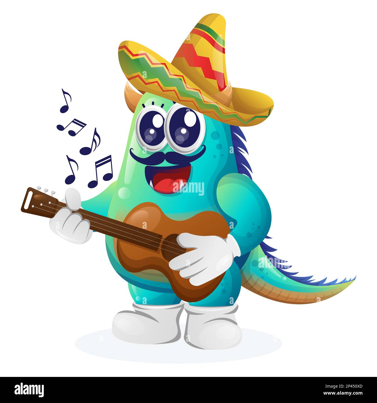 Mignon monstre bleu portant chapeau mexicain avec guitare. Idéal pour les enfants, les petites entreprises ou le commerce électronique, la marchandise et l'autocollant, la promotion des bannières, Illustration de Vecteur