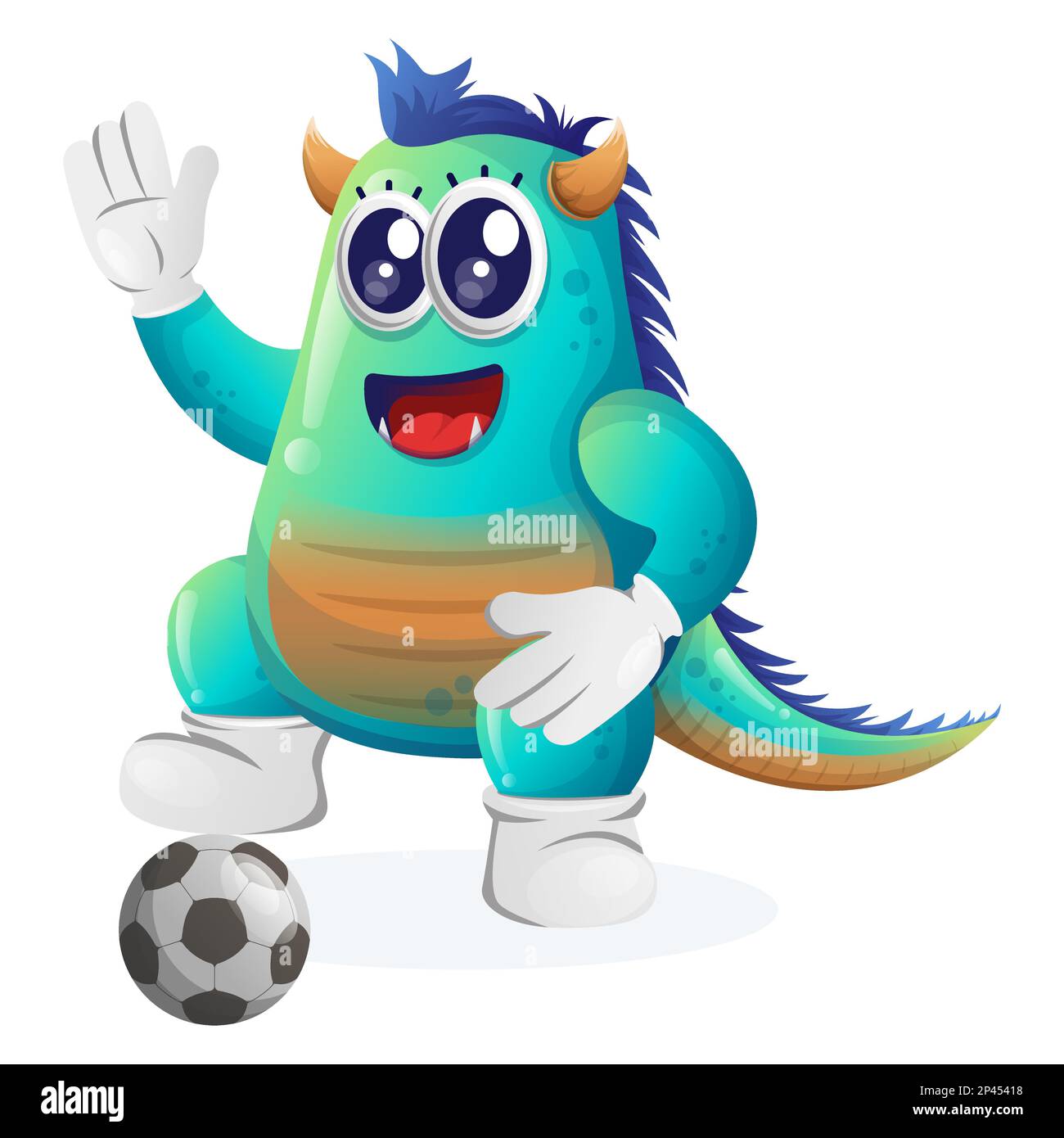 Joli monstre bleu jouer au football, ballon de football. Idéal pour les enfants, les petites entreprises ou l'e-commerce, la marchandise et l'autocollant, la promotion de bannière, blog ou vlog Illustration de Vecteur