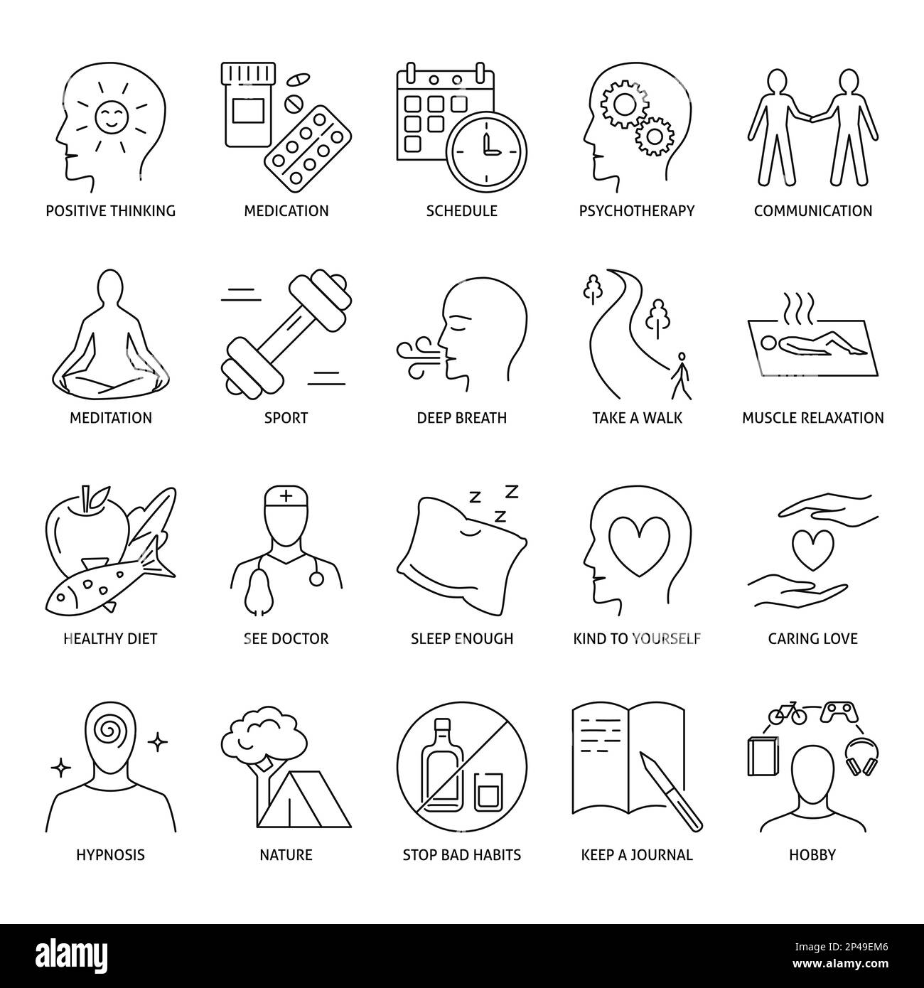 Icône de soulagement de stress définie en style de ligne. Maintenir une bonne santé mentale. Illustration vectorielle. Illustration de Vecteur