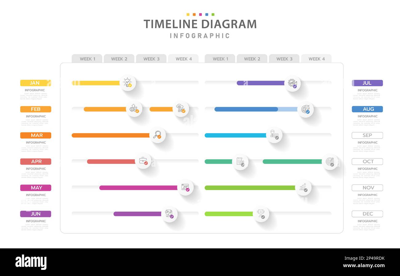 Modèle d'infographie pour les entreprises. Feuille de route de diagramme de la chronologie moderne de 12 mois avec calendrier de progression, infographie de vecteur de présentation. Illustration de Vecteur