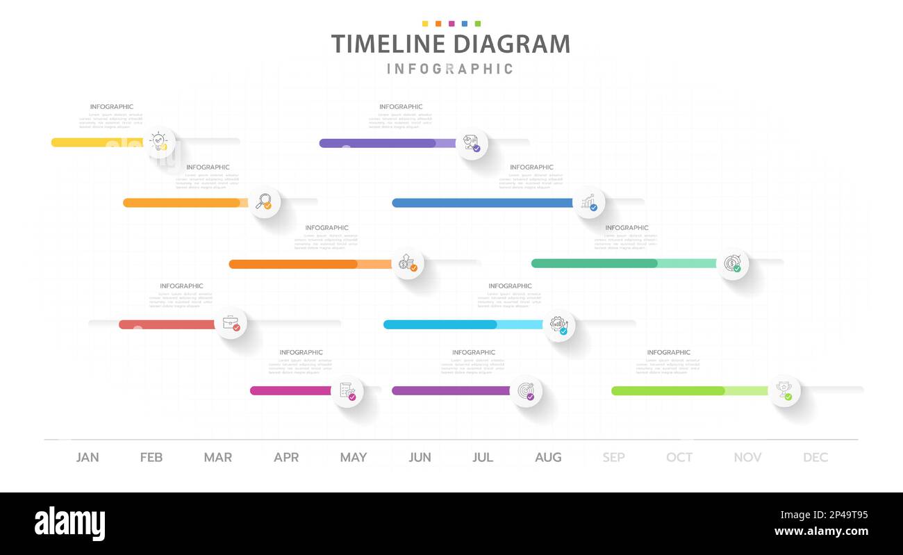 Modèle d'infographie pour les entreprises. Calendrier de diagramme de la chronologie moderne de 12 mois avec feuille de route du projet, infographie de vecteur de présentation. Illustration de Vecteur