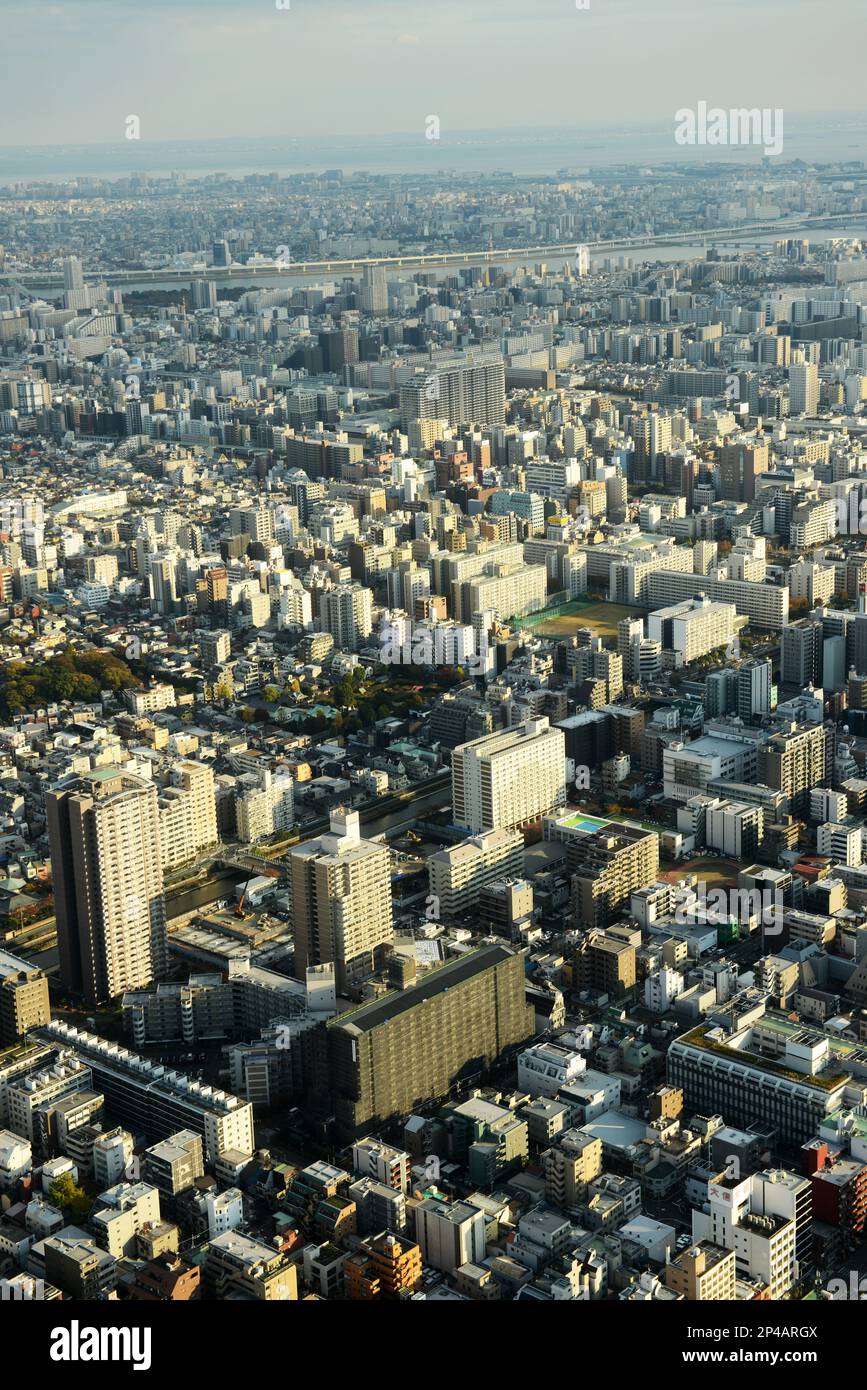 Vue aérienne des quartiers résidentiels à l'est du fleuve Sumida à Tokyo, Japon. Banque D'Images