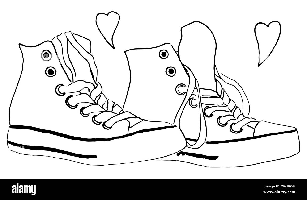 Sneakers noir et blanc monochrome coeurs amour vecteur isolé. Illustration de Vecteur