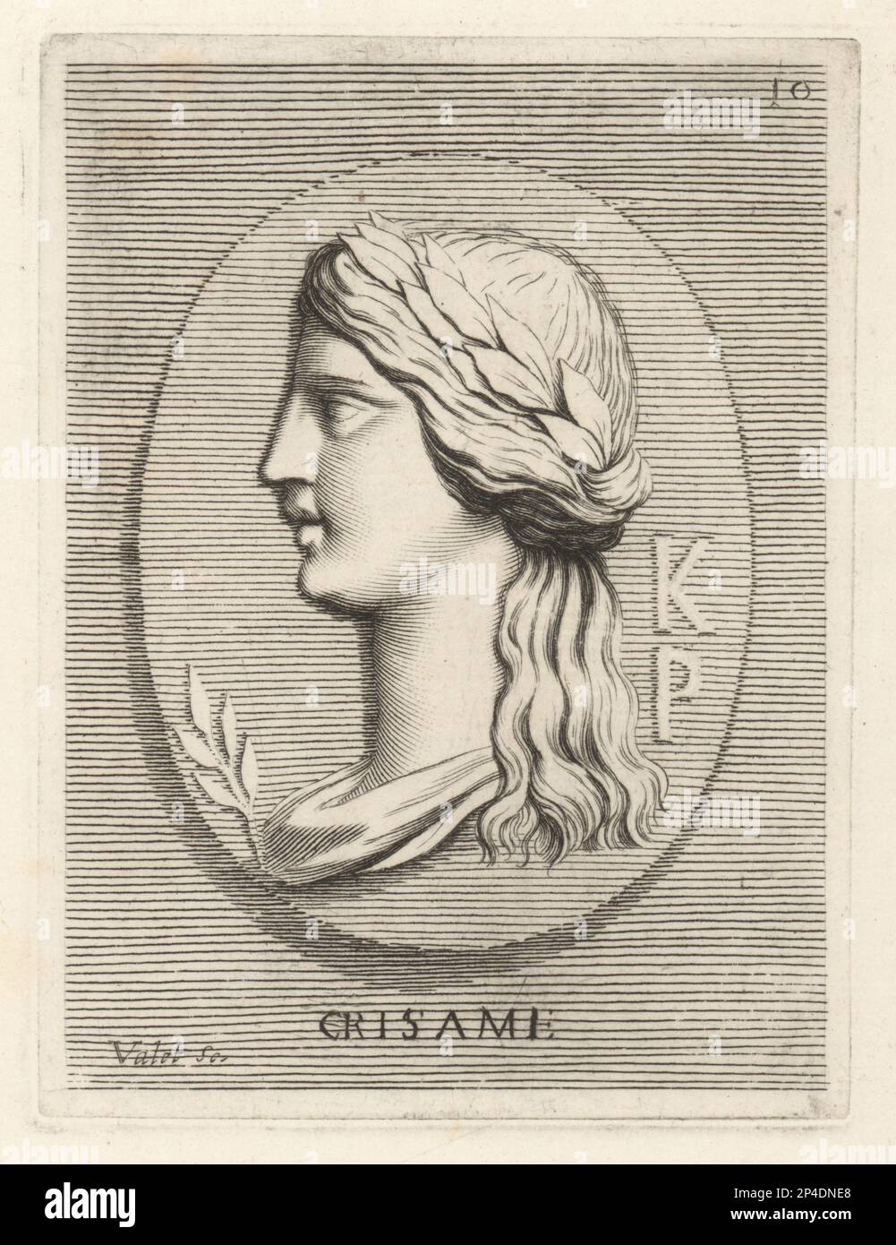 Chrysame, la prêtresse thessalienne de la déesse Enodia, célèbre pour avoir utilisé des herbes toxiques pour vaincre les Ioniens à Erythrae, accordant la victoire à Cnopus. Représenté avec couronne de Laurier et branche d'une plante médicinale. Crisame. Gravure en plaques de Guillaume Vallet d'après Giovanni Angelo Canini d'Iconografia, cioe disegni d'imagini de famosissimi monarchi, regi, filososi, poeti ed oratori dell' Antichita, dessins d'images de célèbres monarques, rois, philosophes, poètes et orateurs d'Antiquity, Ignatio de Lazatio, Rome, 1699. Banque D'Images