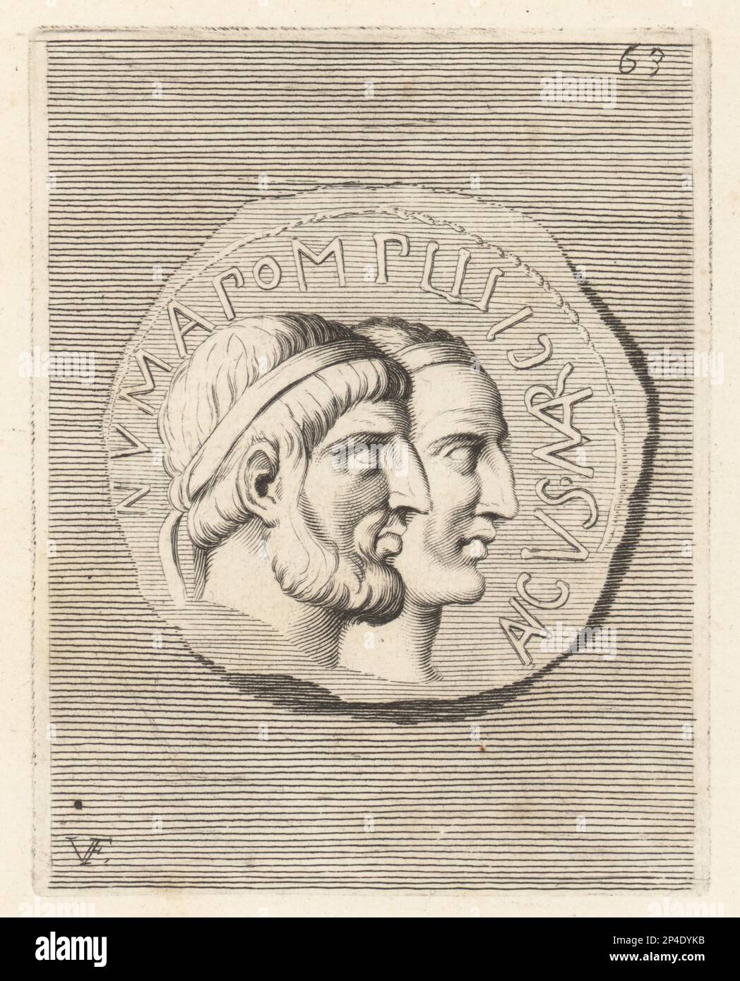 NUMA Pompilius et Ancus Martius. NUMA Pompilius, légendaire deuxième roi de Rome, d'origine Sabine de Cures, vers 753-672 av. J.-C. Ancus Martius, légendaire quatrième roi de Rome, qui a régné pendant 24 ans. D'une pièce. NUMA Pomilio, e anco Martio. Gravure en plaques de Guillaume Vallet d'après Giovanni Angelo Canini d'Iconografia, cioe disegni d'imagini de famosissimi monarchi, regi, filososi, poeti ed oratori dell' Antichita, dessins d'images de célèbres monarques, rois, philosophes, poètes et orateurs d'Antiquity, Ignatio de Lazatio, Rome, 1699. Banque D'Images