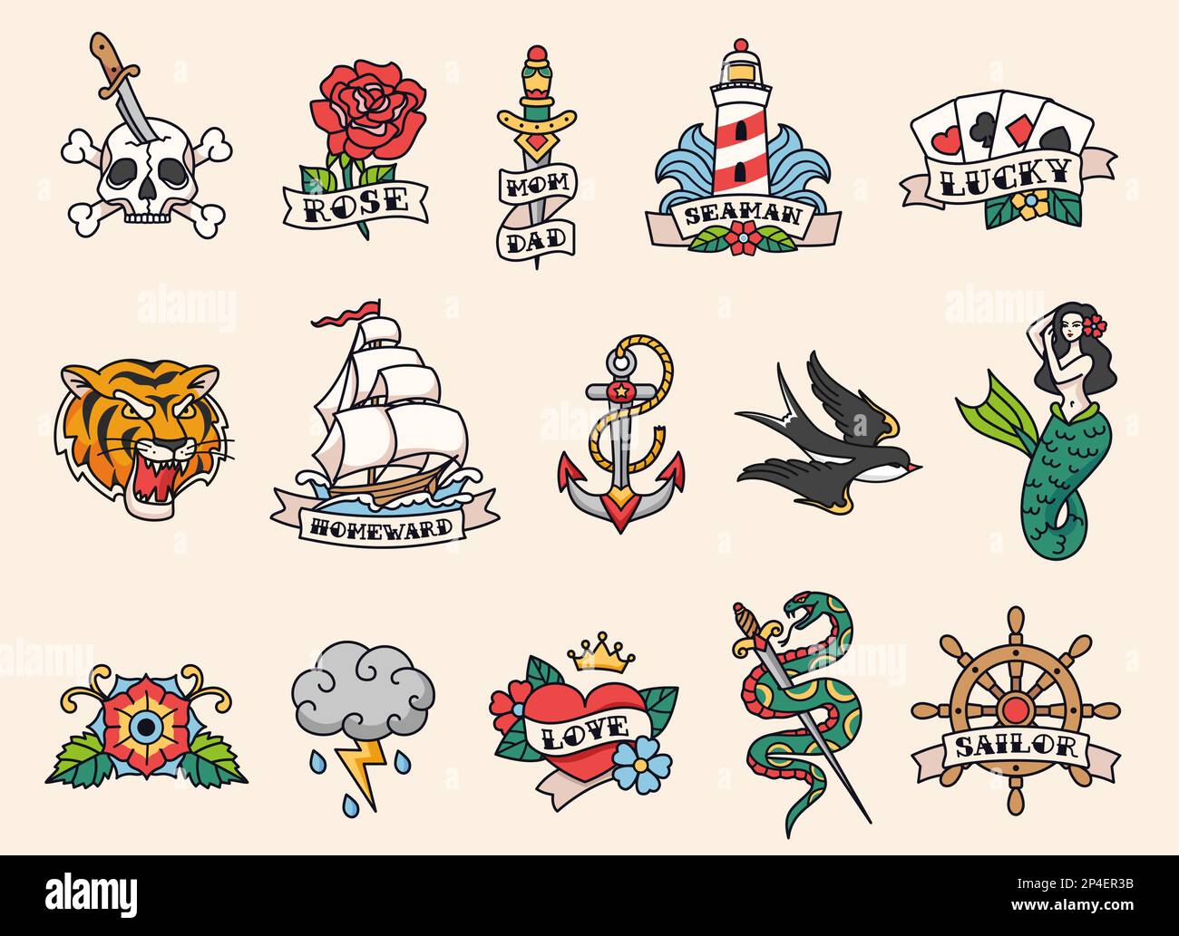 Motifs tatouage marin. Style de tatouage Old School, tatouages de couleur traditionnelle américaine avec des contours noirs audacieux. Jeu d'illustrations vectorielles dessinées à la main Illustration de Vecteur