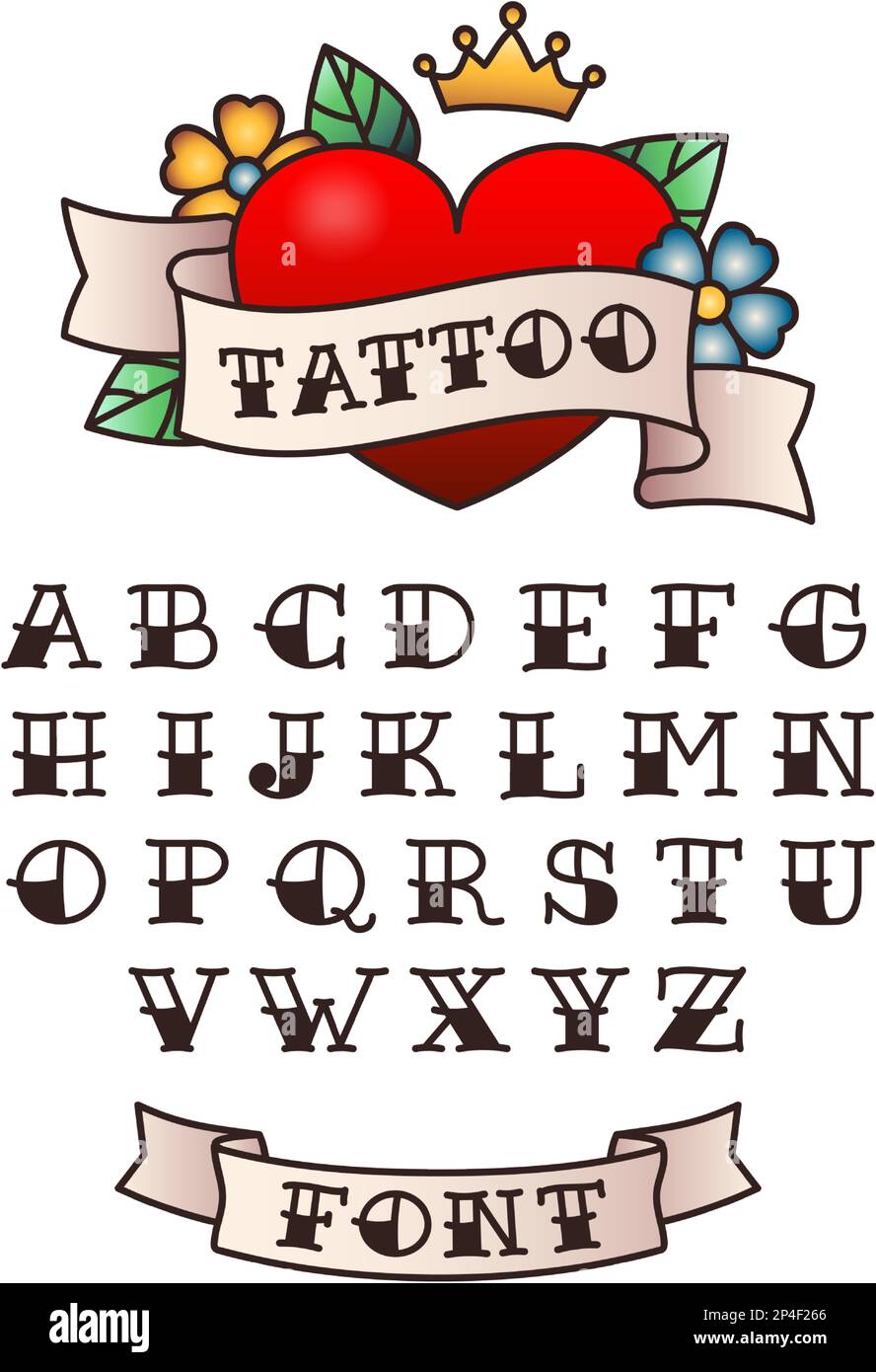Police tatouage Old School. Lettrage traditionnel américain, marin dessiné à la main tatouages style lettres ensemble vectoriel Illustration de Vecteur