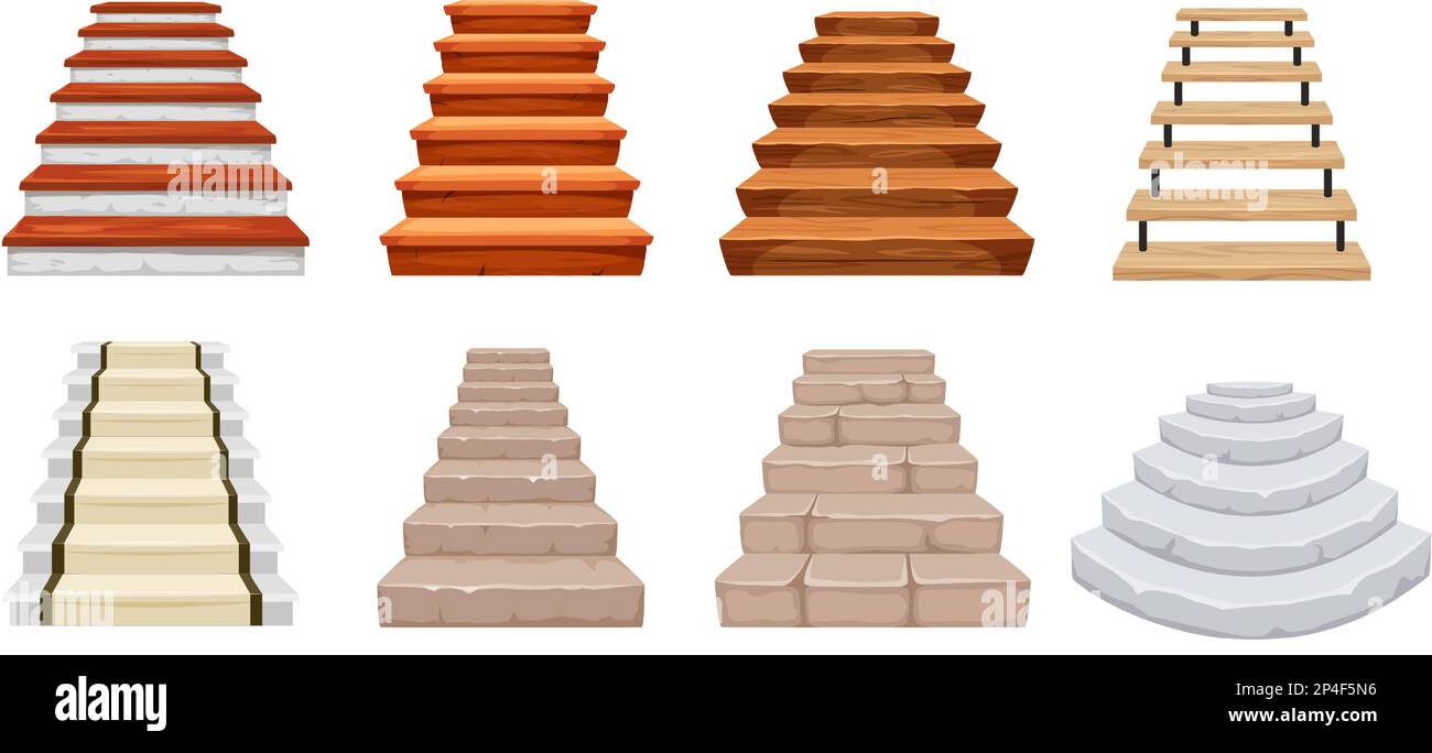 Escalier de dessin animé. Escalier de château en bois et pierre, escalier et ancienne architecture escalier isolé scénario Illustration de Vecteur