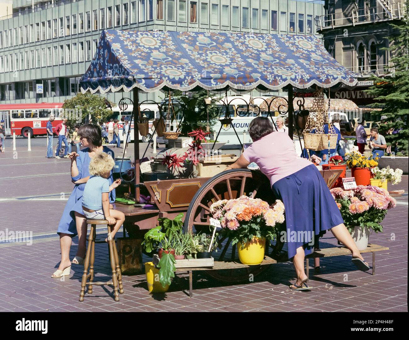 Une image historique de 1981 d'une femme assise fumant à côté d'un enfant sur des tabourets et d'une autre femme travaillant à un stand de vendeur de fleurs en plein air à Cathedral Square à Christchurch, en Nouvelle-Zélande. En arrière-plan est le bâtiment construit en 1967, la Banque de Nouvelle-Zélande (BNZ) qui a été détruit avec beaucoup d'autres dans le tremblement de terre de 2011. En 2016, le nouveau bâtiment BNZ Hub a été ouvert Banque D'Images