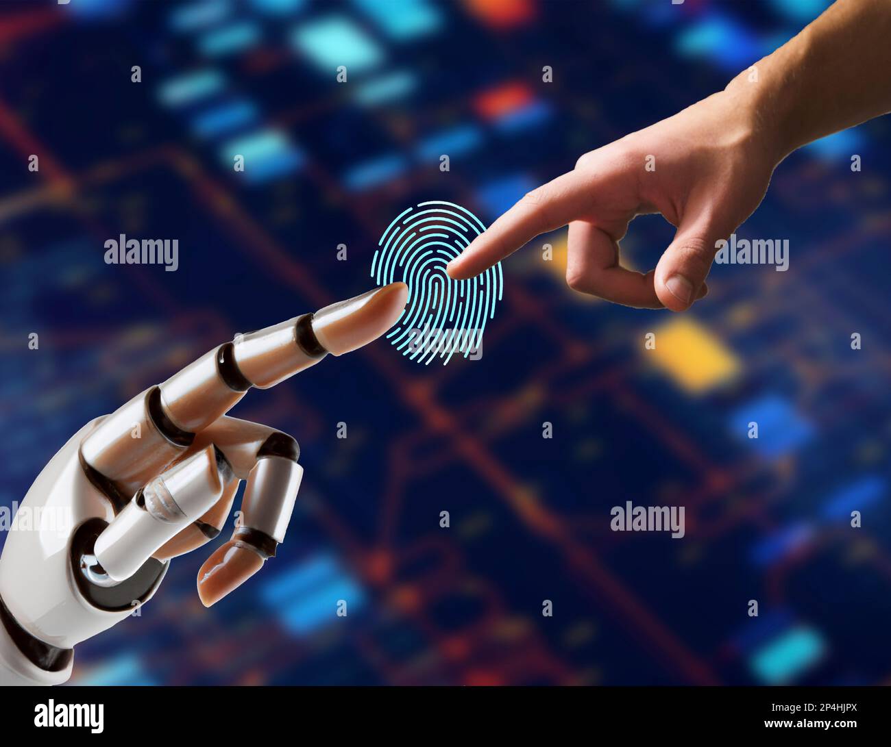 Une main de robot pointe vers une main humaine. Concept d'intelligence artificielle. Banque D'Images