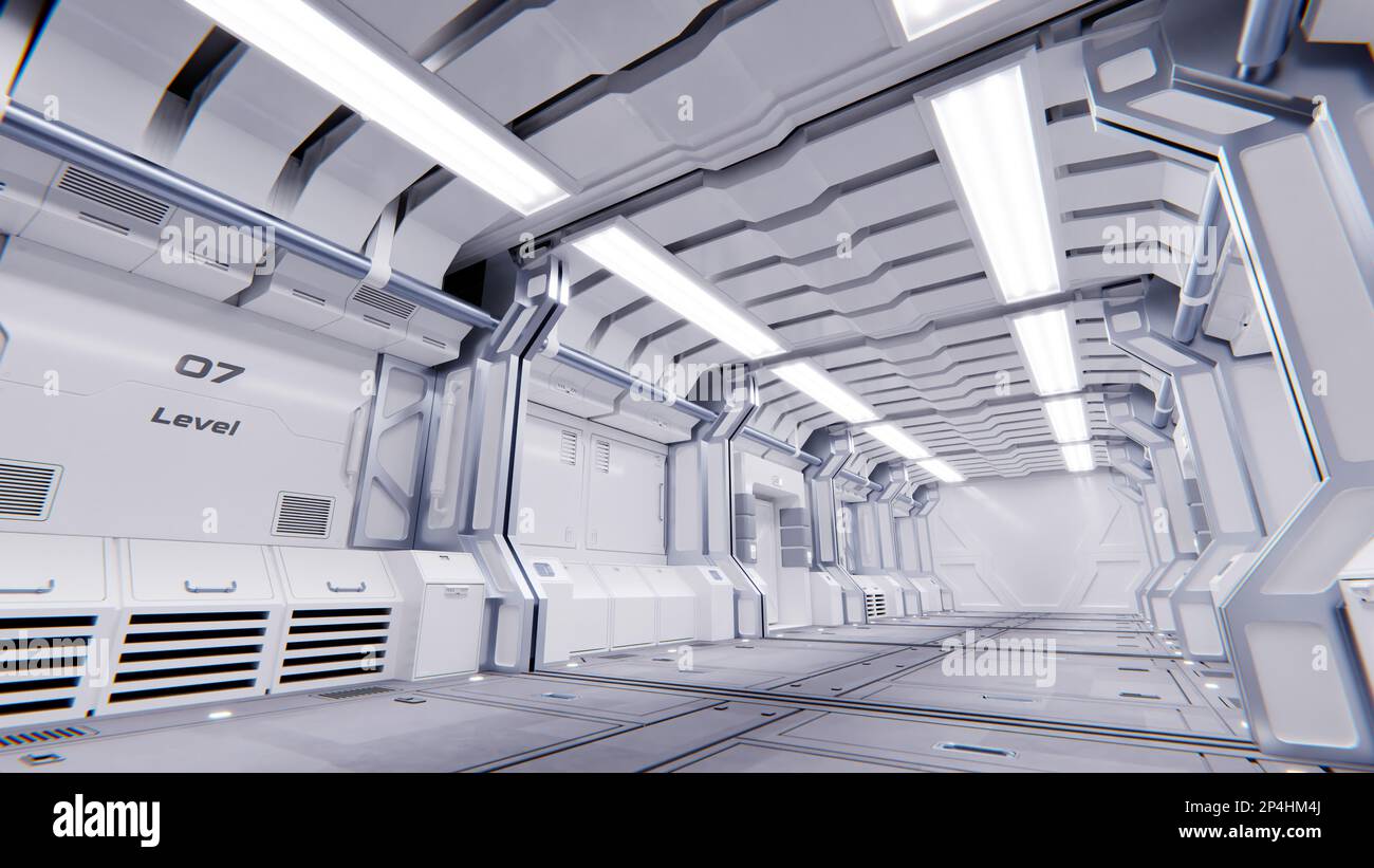 Architecture futuriste Sci-Fi, intérieur du couloir du vaisseau spatial Banque D'Images