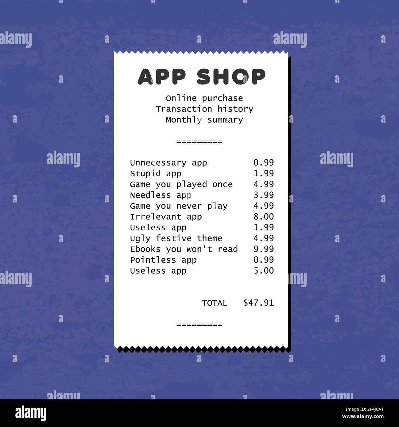 Boutique d'applications mobiles. Facture papier d'achat inutile et inutile pour les dépenses d'application. Historique des transactions de la boutique d'applications en ligne. Illustration de Vecteur