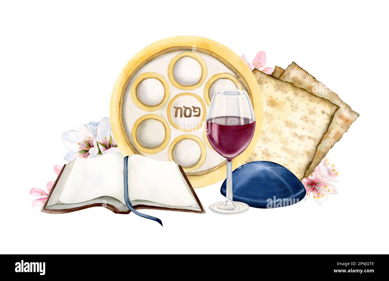 Banderole de salutation Happy Passover avec verre de vin rouge, matzah, Haggadah et assiette de séder juive avec fleurs d'amande isolées sur fond blanc Banque D'Images