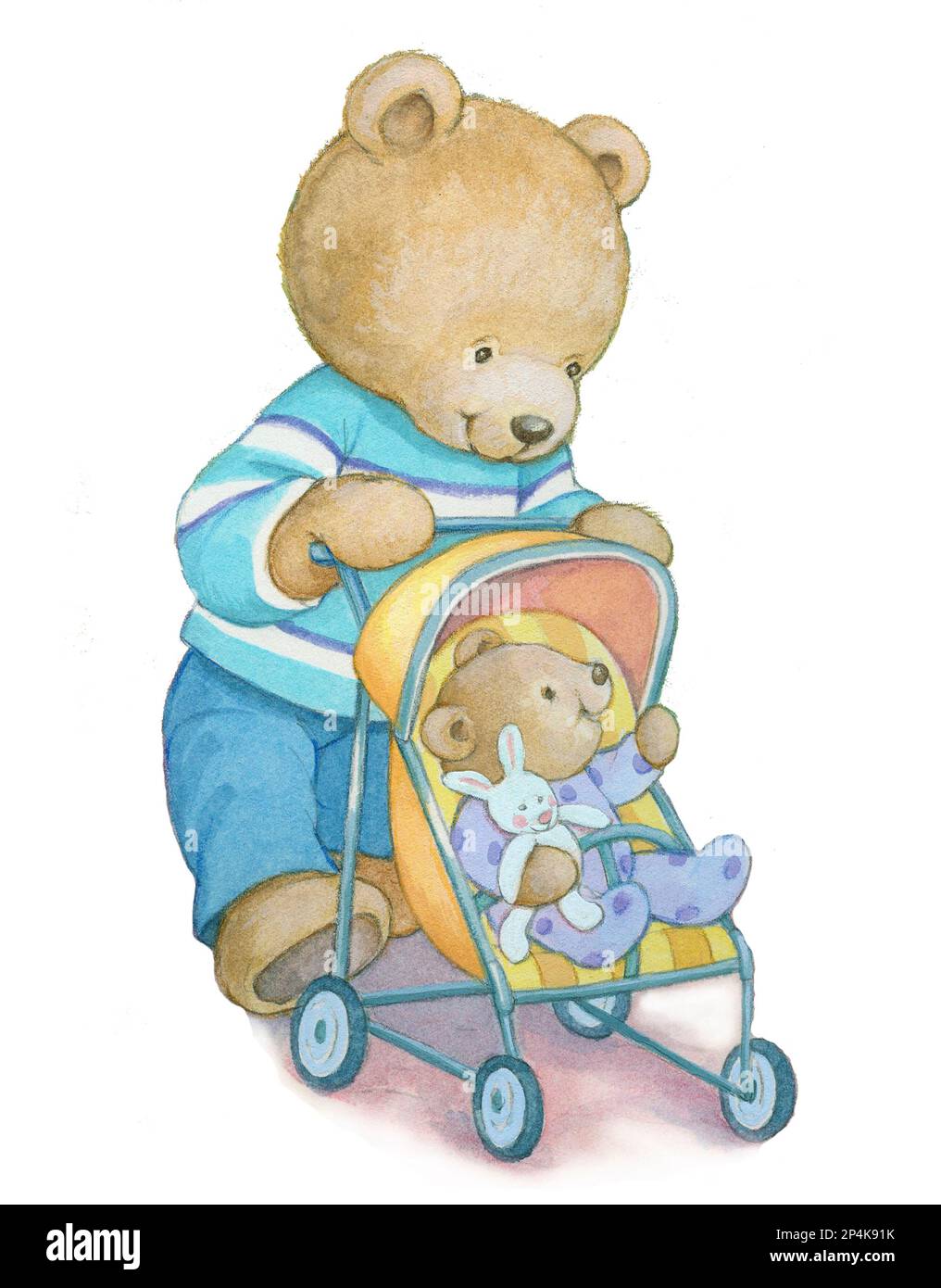 Bébé-papa ours avec bébé dans poussette sur blanc Banque D'Images