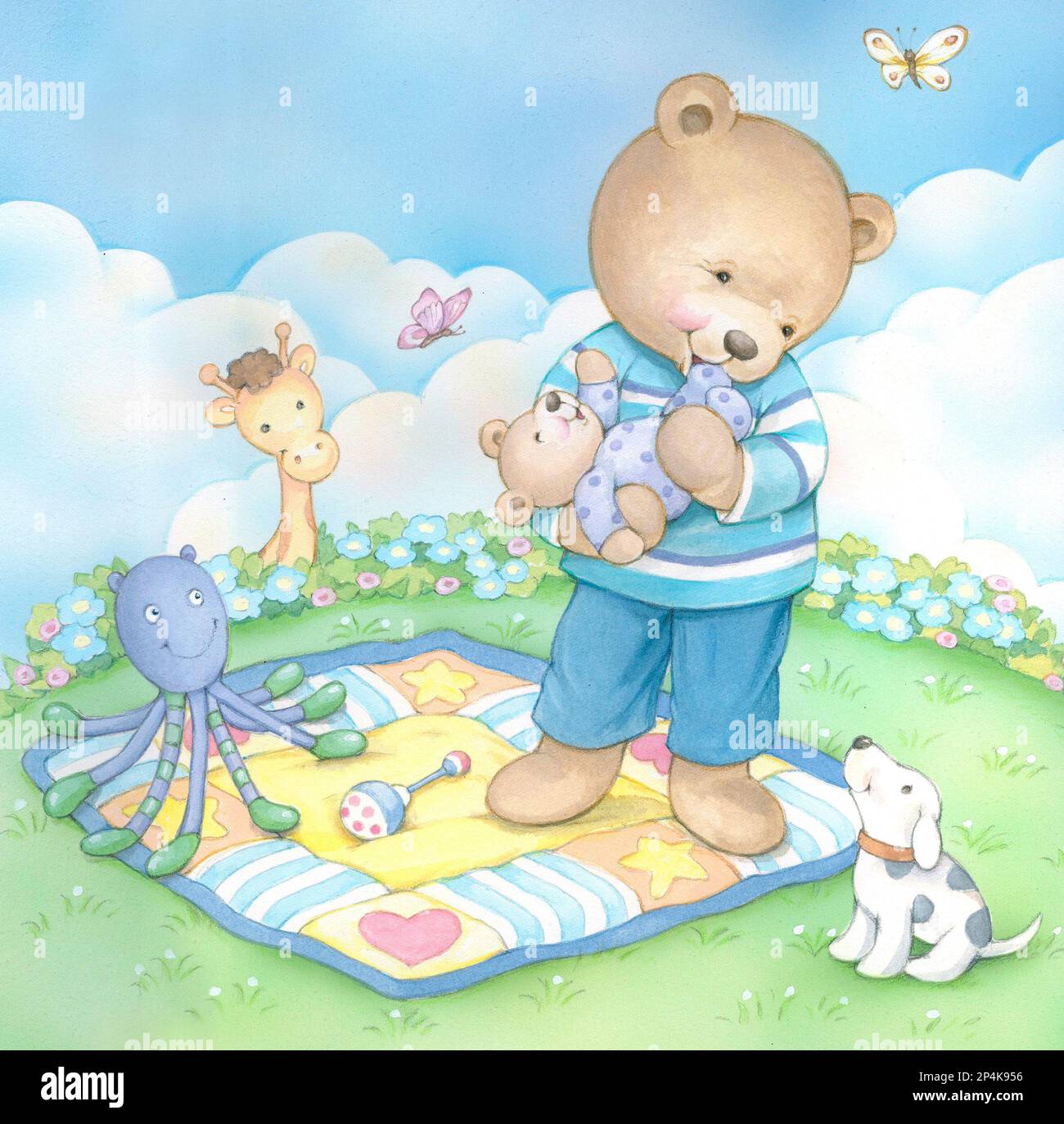 Baby-Daddy jouant avec bébé teddy dans le jardin fleurs nuages et jouets Banque D'Images
