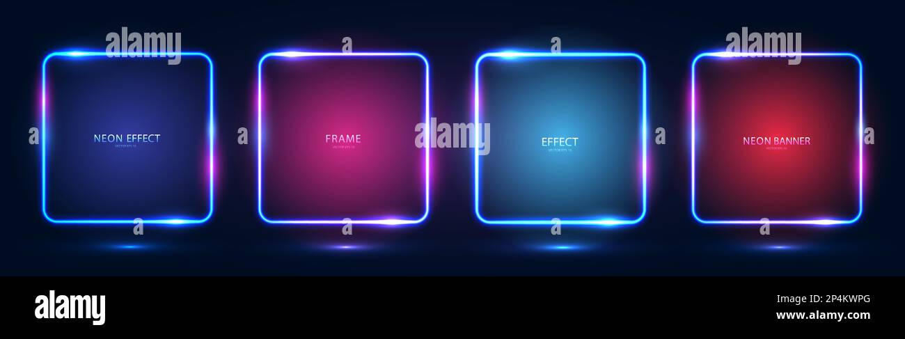 Un ensemble de quatre cadres carrés au néon avec des effets brillants, des reflets et des inscriptions sur un fond sombre. Illustration de Vecteur