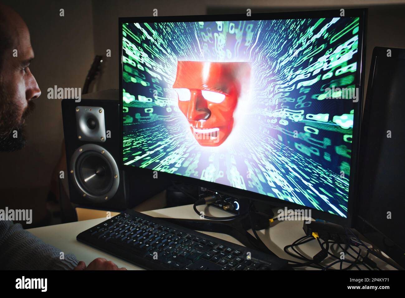 Intelligence artificielle (A.I.) concept scientifique - une personne blanche de race blanche utilisant un ordinateur de bureau avec un 3D cyber bot généré numériquement face Emergi Banque D'Images