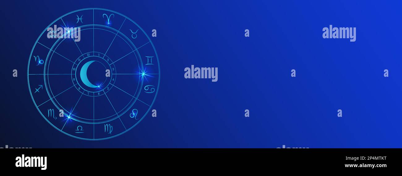 Astrologie roue d'horoscope fond long avec diagramme de cercle de zodiaque. Bannière bleu foncé pour les prévisions astrologiques Illustration de Vecteur