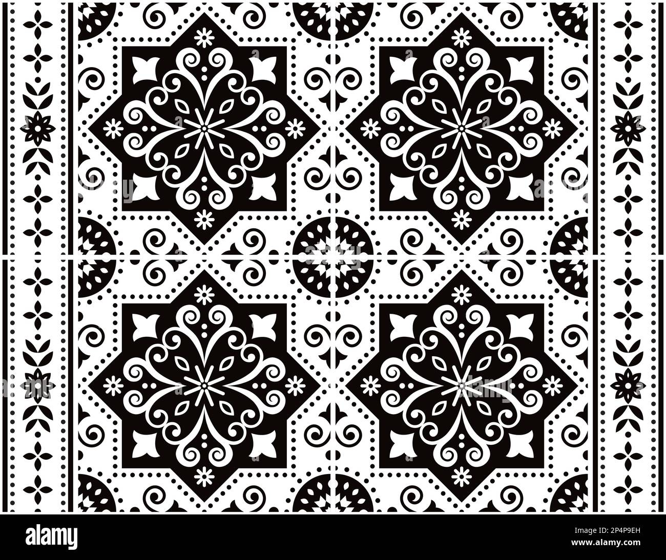 Mosaïque portugaise Azulejo motif vectoriel sans couture, design rétro avec cadre ou bordure en noir et blanc Illustration de Vecteur