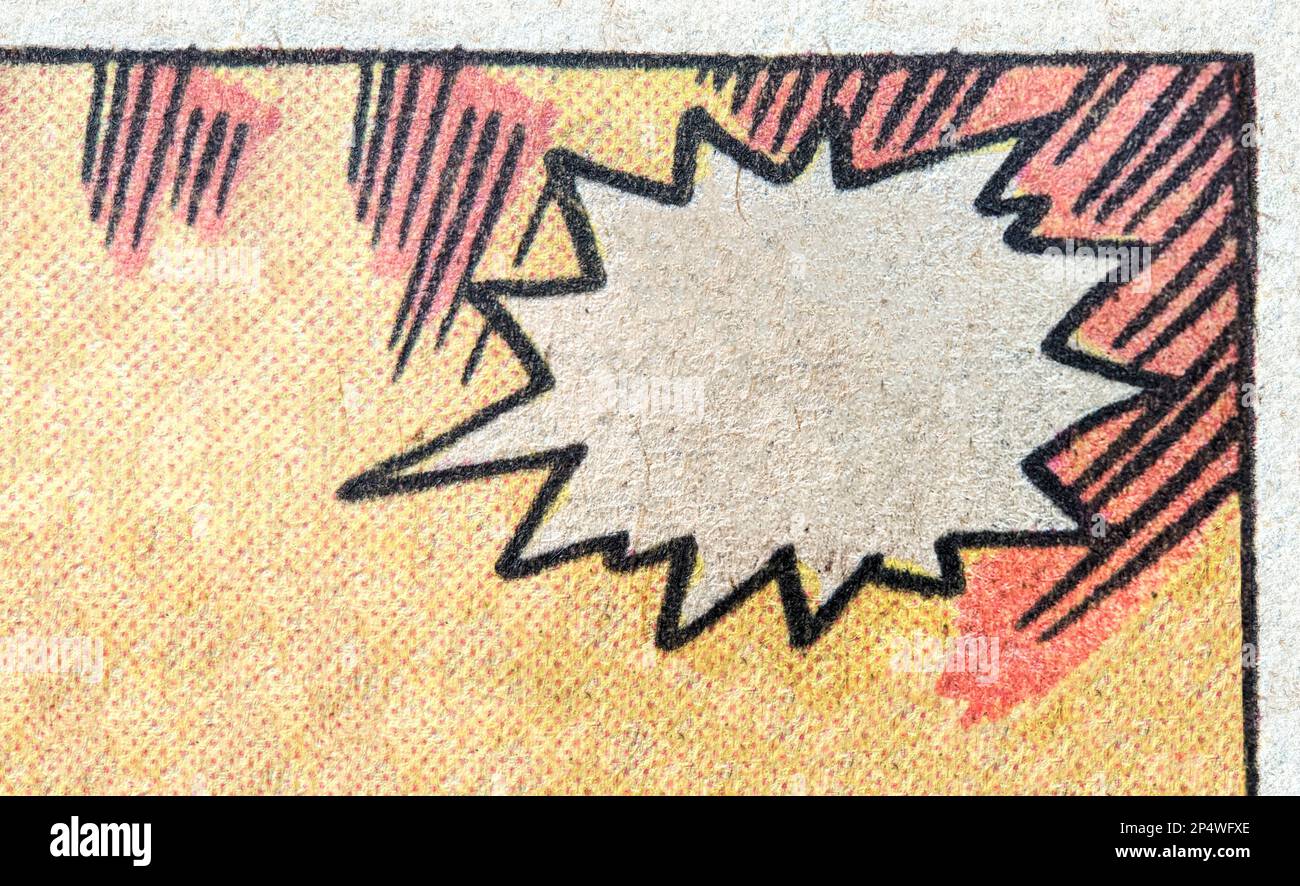 Page de bande dessinée vintage avec une bulle de texte blanche vide et un motif d'impression de points sur un fond de texture de papier Banque D'Images