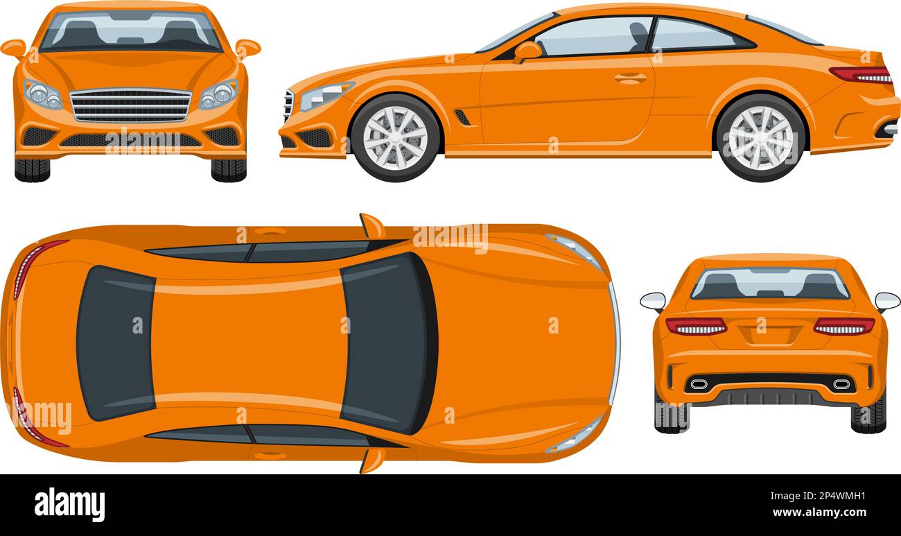 Modèle de vecteur de voiture de sport orange avec des couleurs simples sans dégradés ni effets. Vue latérale, avant, arrière et supérieure Illustration de Vecteur
