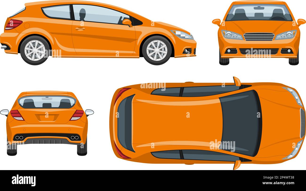 Modèle de vecteur voiture à hayon orange avec des couleurs simples sans dégradés ni effets. Vue latérale, avant, arrière et supérieure Illustration de Vecteur