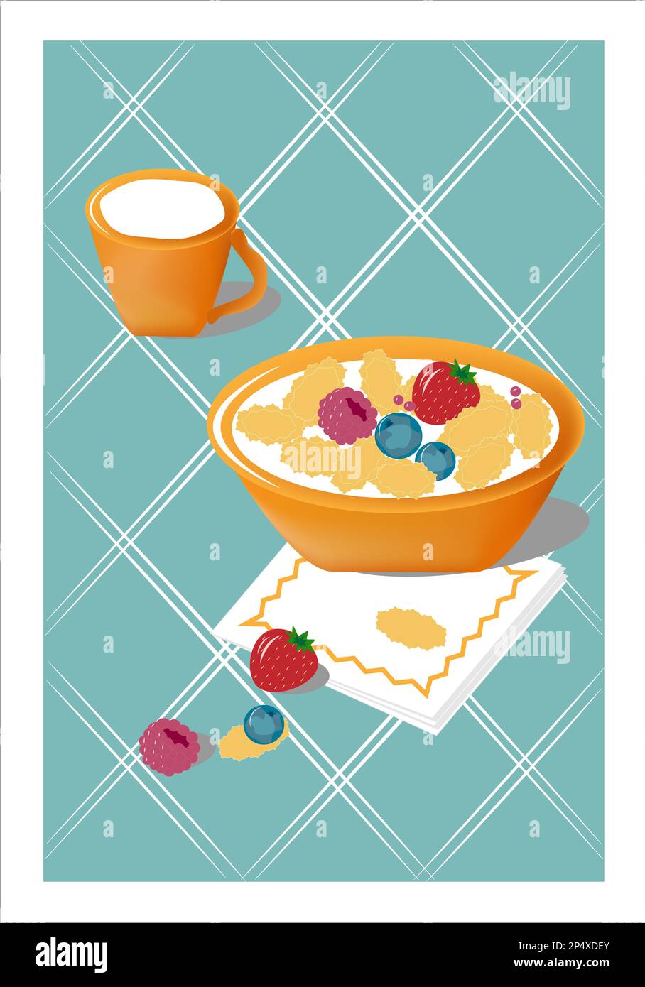 céréales pour le petit déjeuner avec fruits et lait Illustration de Vecteur