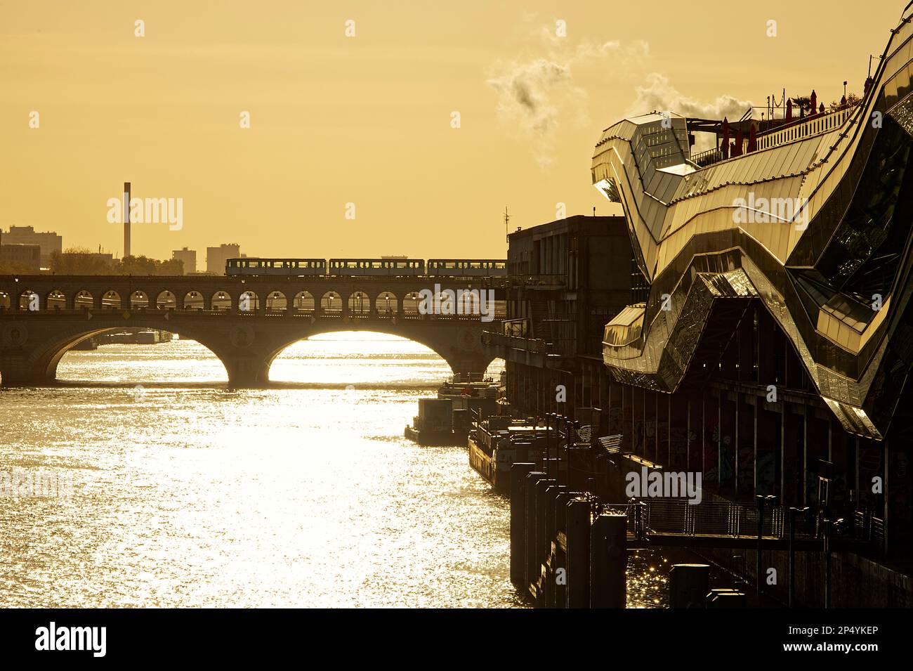 Superbe couleur or sur la Seine et le pont de Bercy à Paris au coucher du soleil Banque D'Images