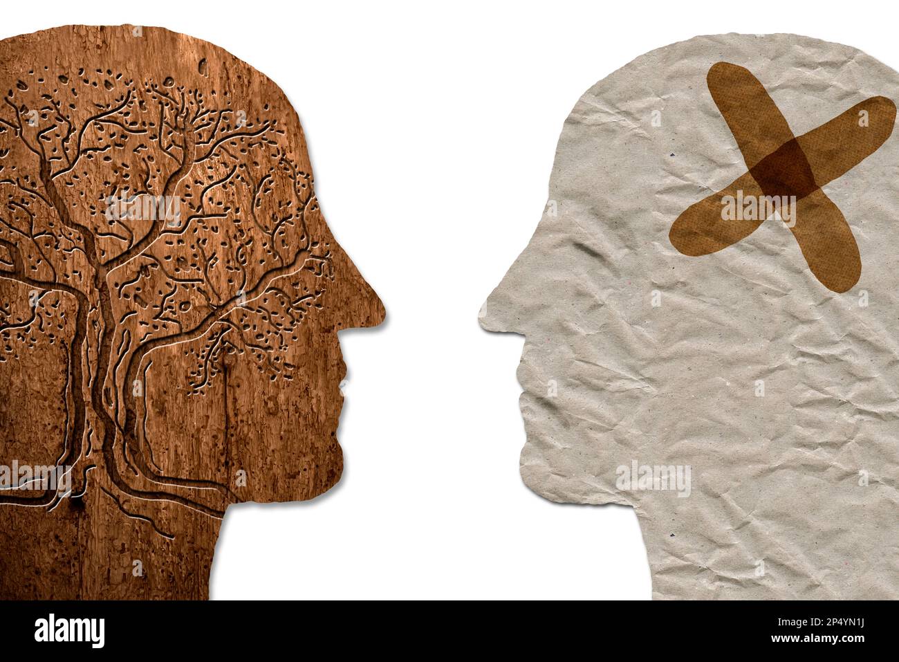 Brochure relative sur la santé mentale, homme en bonne santé mentale et homme malade mental. Silhouette de la tête de deux hommes. Conceptions médicales scientifiques. brosse grunge dr Banque D'Images