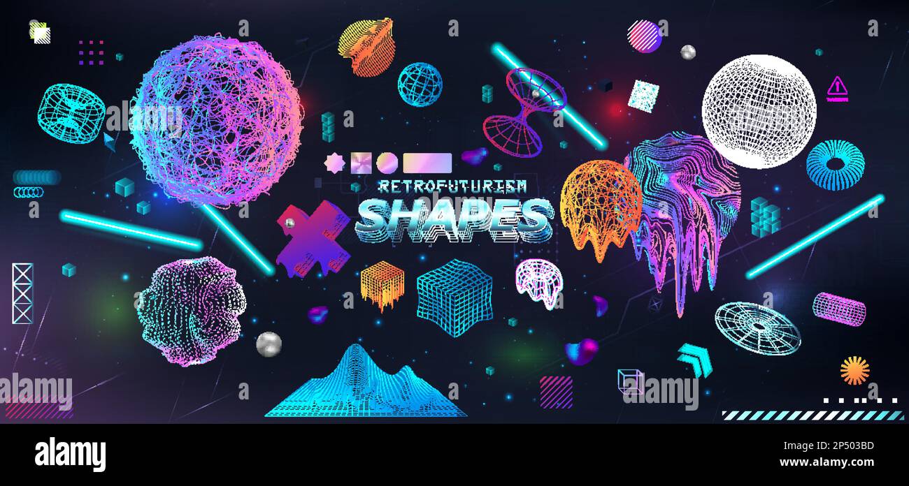 3D formes géométriques modernes, couleurs tendance éléments cyberpunk et Retrofuturisme Illustration de Vecteur