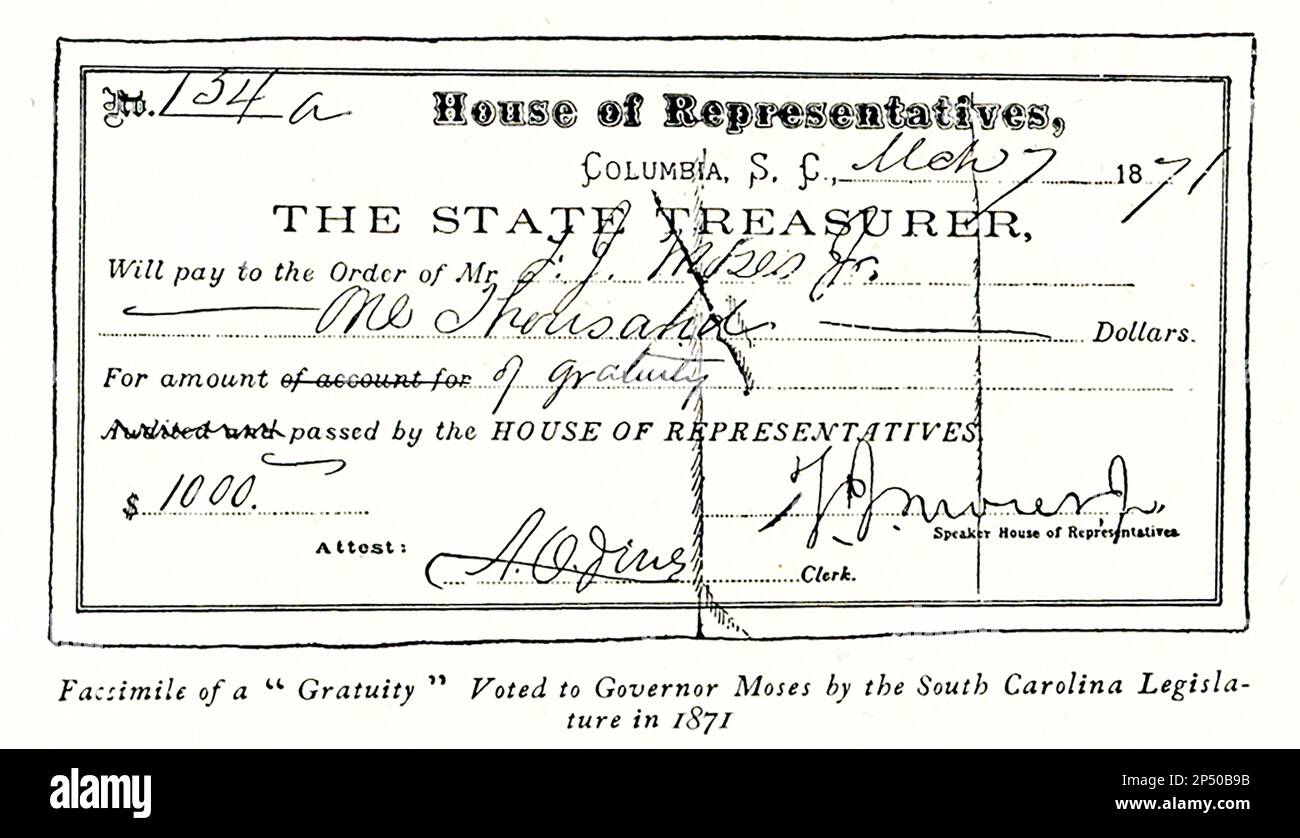 La légende de 1896 se lit comme suit : télécopie d'un "pourboire" voté au gouverneur Moses par l'Assemblée législative de Caroline du Sud en 1871 Banque D'Images