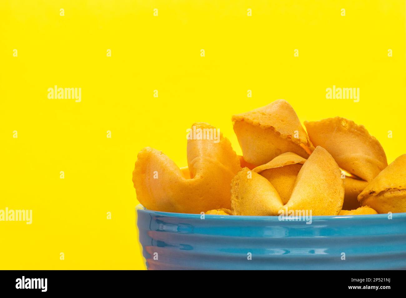 Biscuits fortune non ouverts dans un bol en céramique bleu partiel, isolé sur un fond jaune avec espace de copie. Banque D'Images