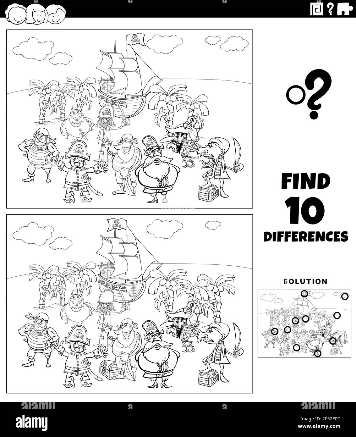 Dessin animé noir et blanc illustration de trouver les différences entre les images jeu éducatif avec les personnages pirates groupe sur Treasure Island col Illustration de Vecteur