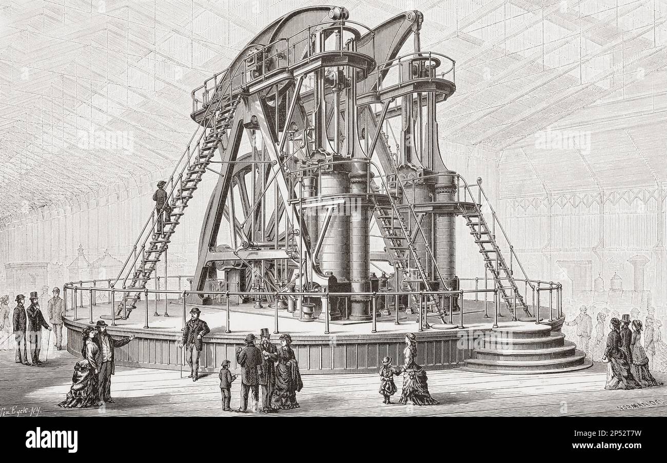 Le moteur à faisceau rotatif appelé Corliss Centennial Engine, qui a alimenté la plupart des expositions de l'exposition Centennial à Philadelphie en 1876. Après une illustration dans la Cyclopedia of Applied Mechanics d'Appletons, publiée en 1880. Banque D'Images