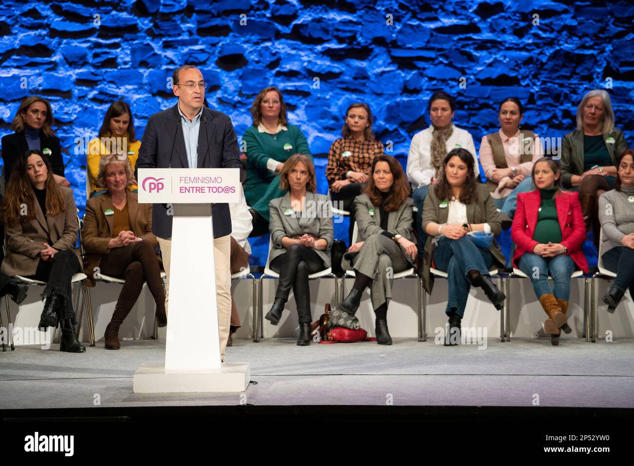 The PP candidate for mayor of Caceres, Rafael Mateos, speaks during an act  of the PP in defense of equality on the occasion of International Women's  Day, at the Gran Teatro, on