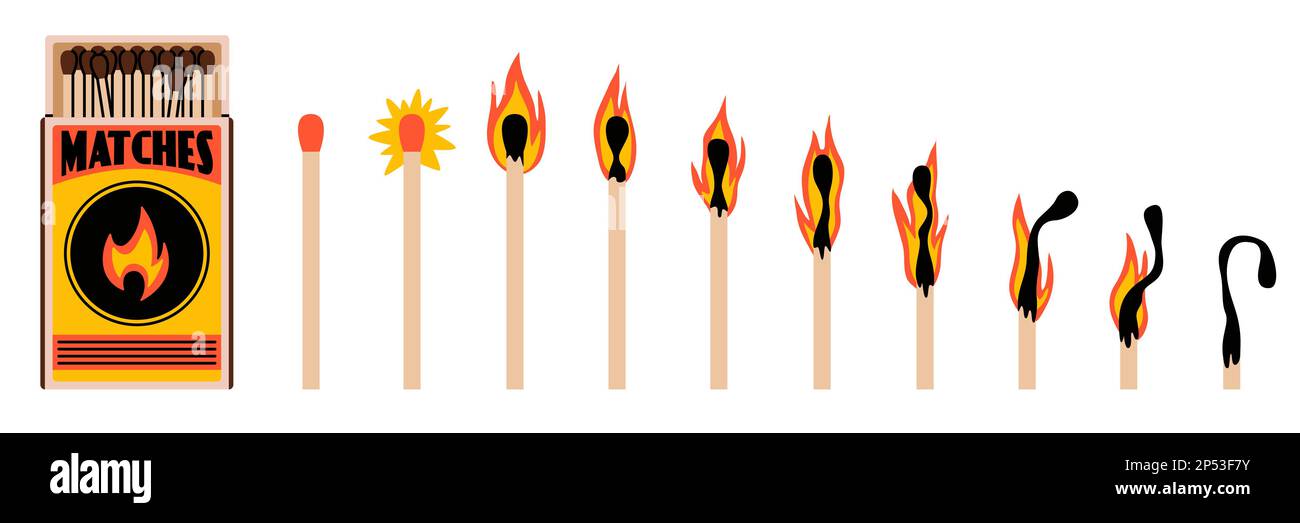 Gravure de l'animation d'allumettes. Processus de combustion, descendre les flammes, plein de boîtes avec étiquette, de l'étincelle à la scène de charbon, éléments de dessin animé, moderne Illustration de Vecteur