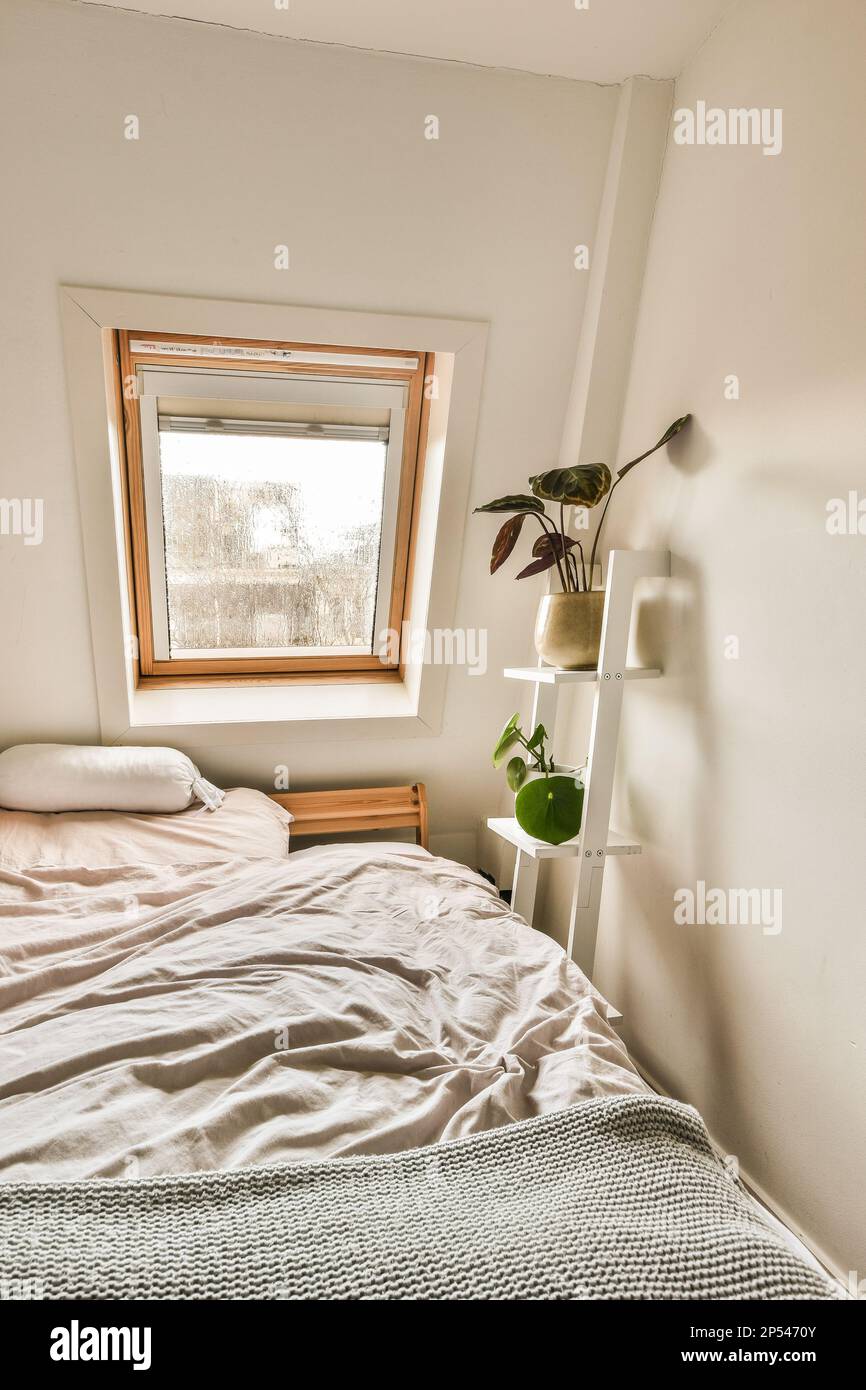 un lit dans le coin d'une chambre avec une fenêtre au-dessus et une plante  sur le dessus du lit Photo Stock - Alamy