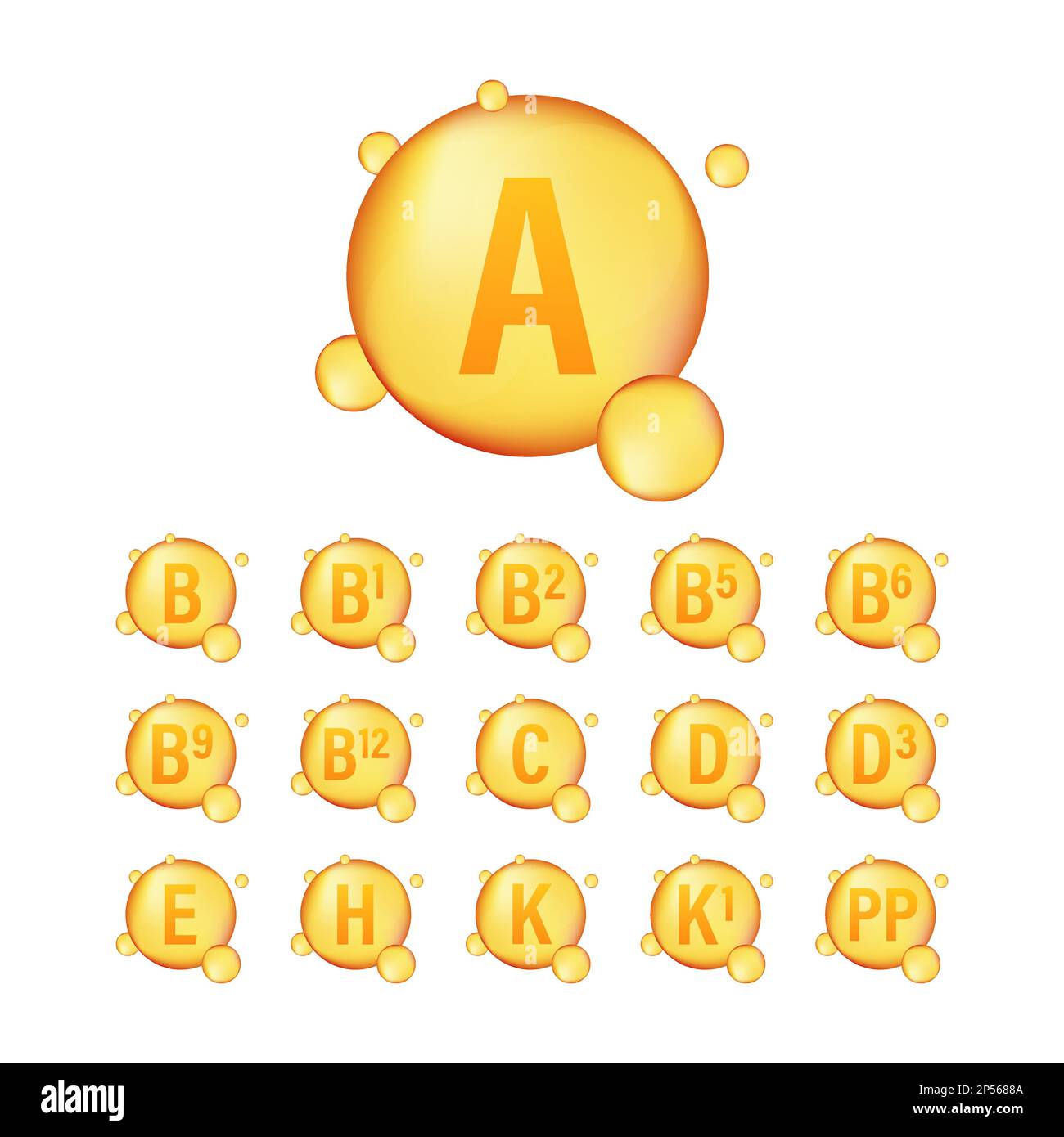 Ensemble de complexe multi-vitamines. A, B GROUPE B1, B2, B5, B6, B9, B12, C, D, D3, E, K, H, K1, PP. Supplément multivitaminé. Illustration de Vecteur