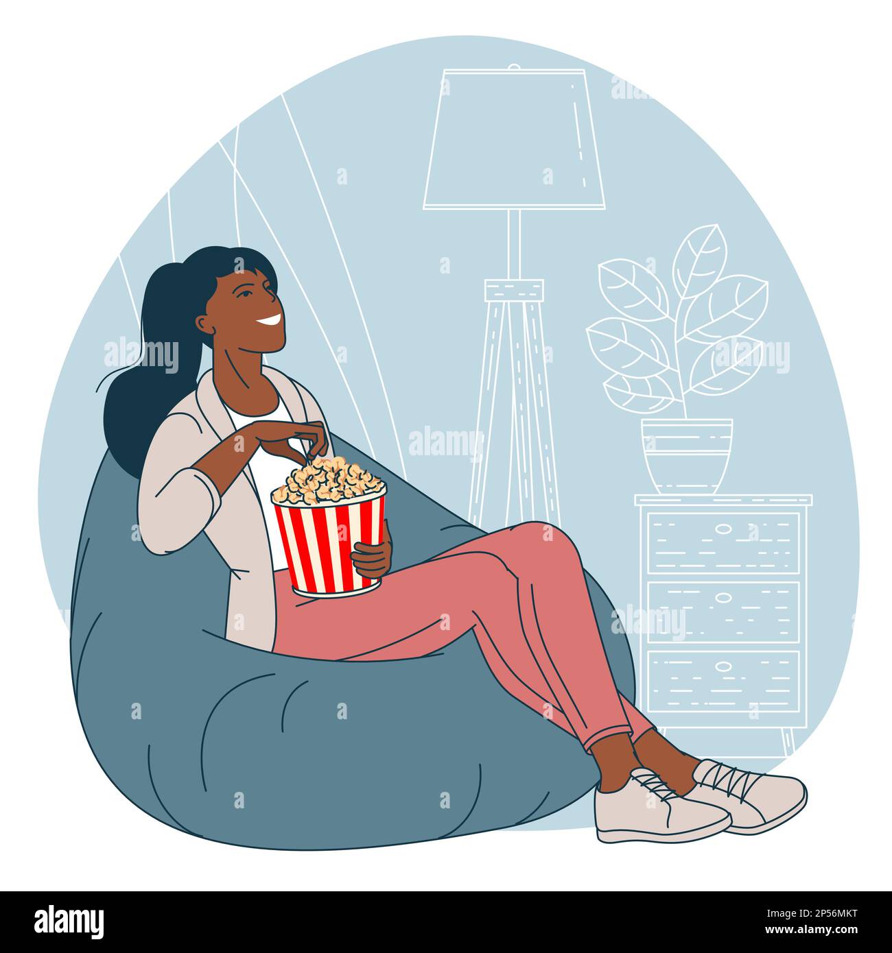 Une femme avec du pop-corn regarde la télévision Illustration de Vecteur