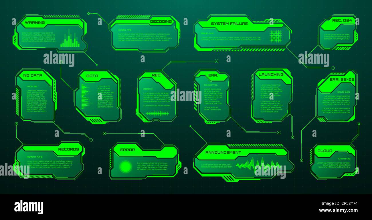 Affichage tête haute futuriste vert, éléments d'interface utilisateur. Zones de texte et légendes de l'interface utilisateur SCI-fi. Cadres de message d'avertissement, modèle de zones d'information. Jeu moderne Illustration de Vecteur