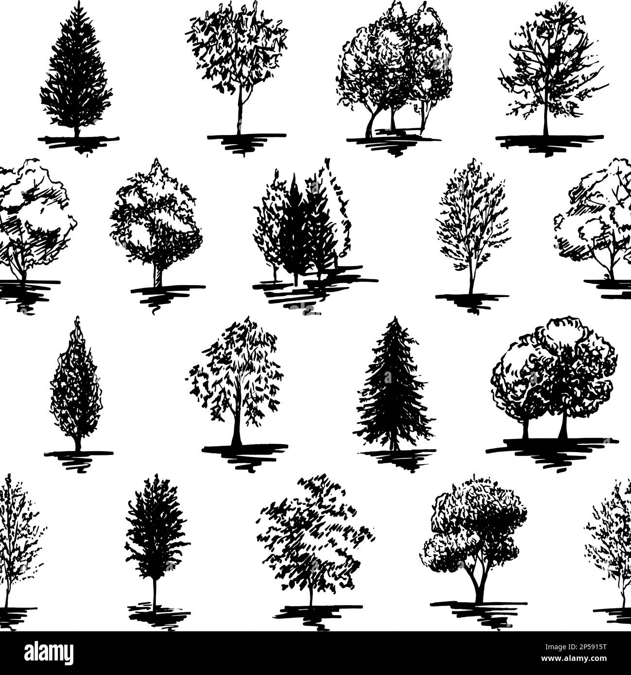 Monochrome noir et blanc silhouette d'arbre dessin ligne art sans couture motif vecteur d'arrière-plan. Illustration de Vecteur