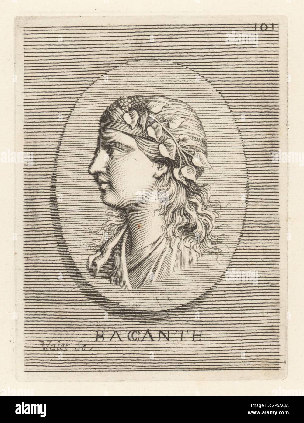 Un des bacchantes ou Bacchae. La mère de Dionysus Semele et ses sœurs Autonoe, Agave et Ino. Ou un disciple de Bacchus, dieu romain du vin et du raisin, portant des raisins et des feuilles de vigne dans ses cheveux. Baccante. Gravure en plaques de Guillaume Vallet d'après Giovanni Angelo Canini d'Iconografia, cioe disegni d'imagini de famosissimi monarchi, regi, filososi, poeti ed oratori dell' Antichita, dessins d'images de célèbres monarques, rois, philosophes, poètes et orateurs d'Antiquity, Ignatio de Lazatio, Rome, 1699. Banque D'Images