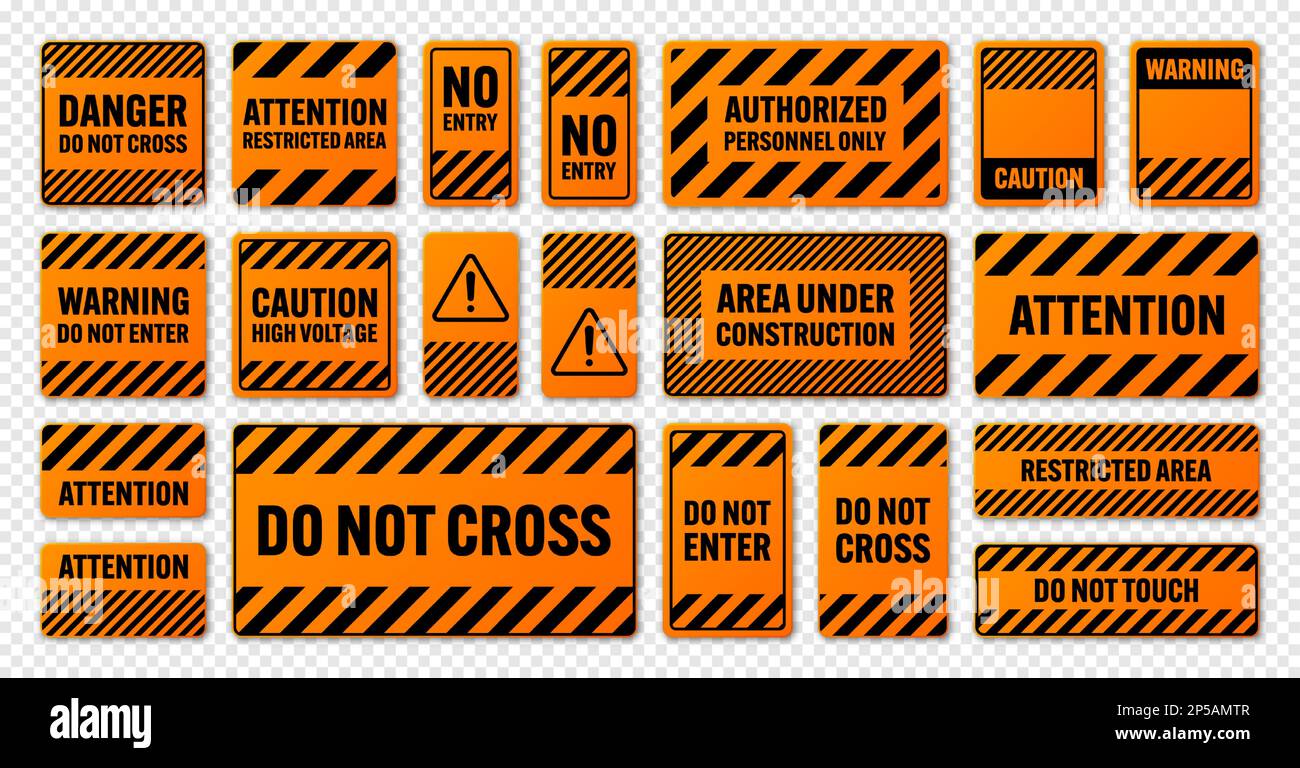 Divers panneaux d'avertissement noirs et orange avec lignes diagonales. Panneau attention, danger ou attention, signalisation du chantier. Panneau de signalisation réaliste Illustration de Vecteur