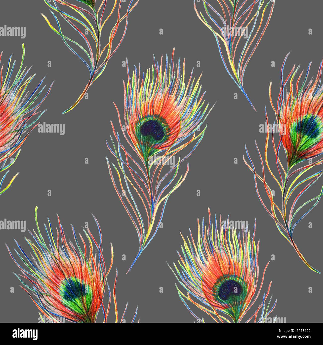 Arc-en-ciel coloré paon oiseau plume sans couture motif texture d'arrière-plan. Banque D'Images