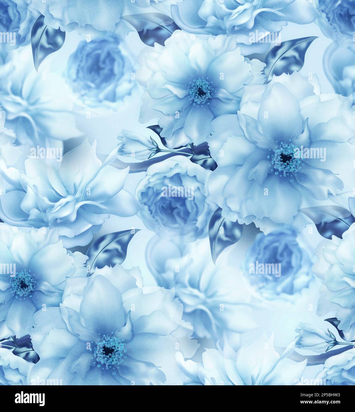 Bleu cerise sakura fleur bleu art numérique sans couture motif texture arrière-plan. Banque D'Images